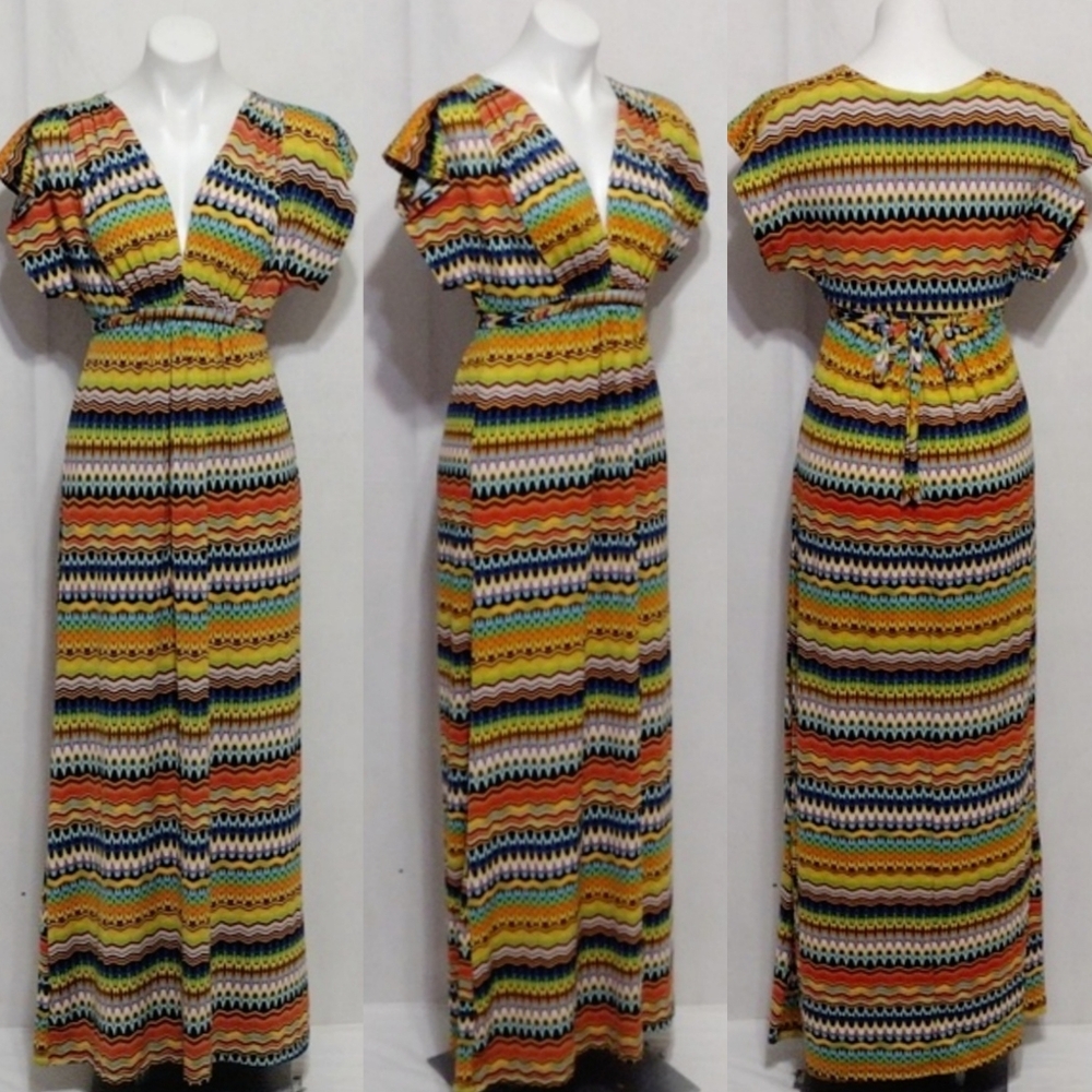 Hypnotik Empire Waist Maxi Dress Small Colorful Stripe Geometric Boho Chic